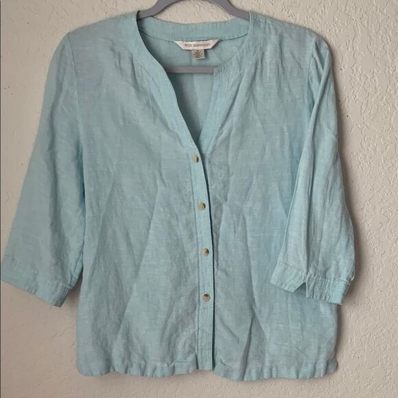 Petite Sophiscate Linen Light Blue 3/4 Sleeve Women's Top Size M - Picture 1 of 8